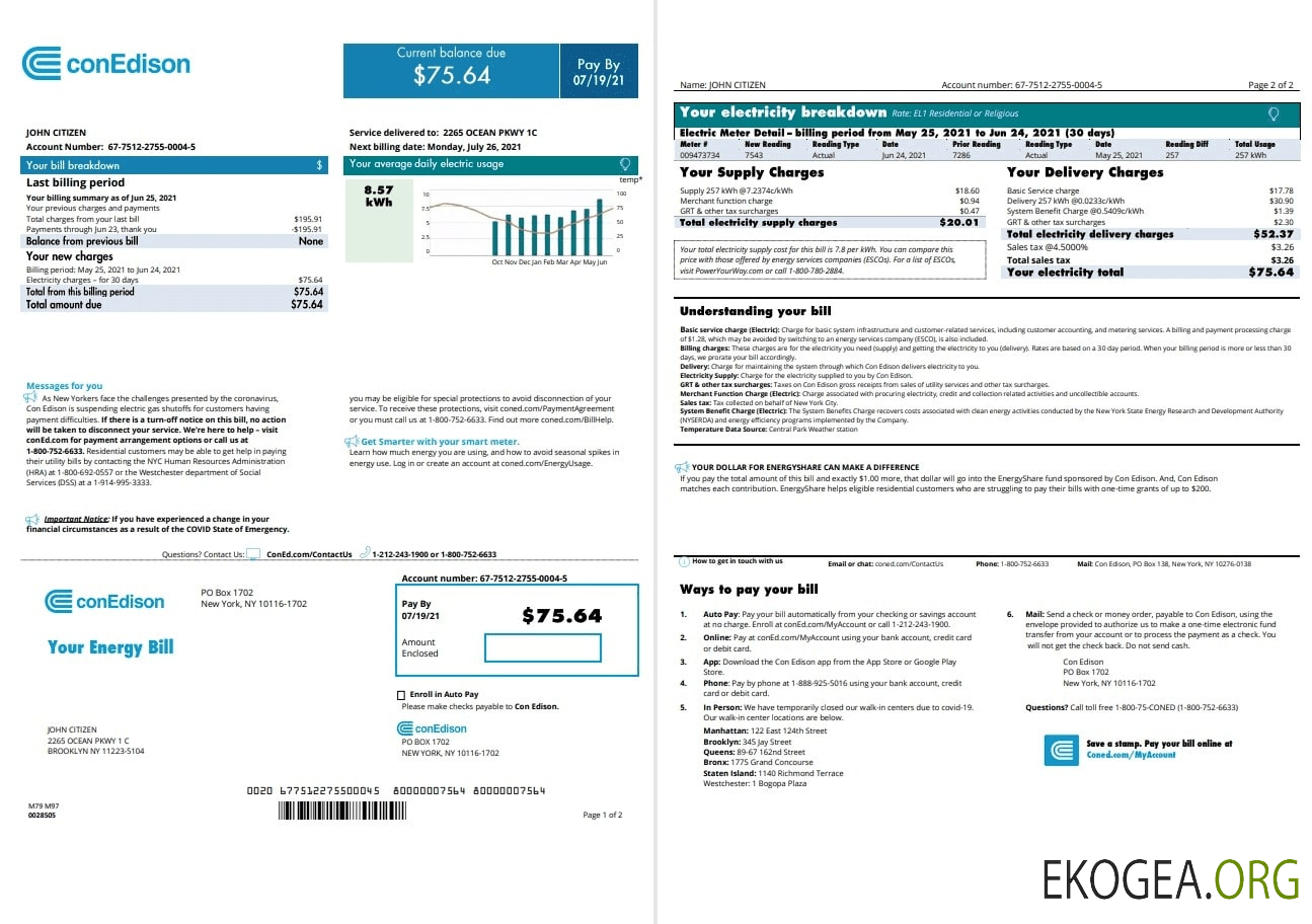 USA Con Edison utility bill template in Word and PDF format, 2 pages (2021 April – present)